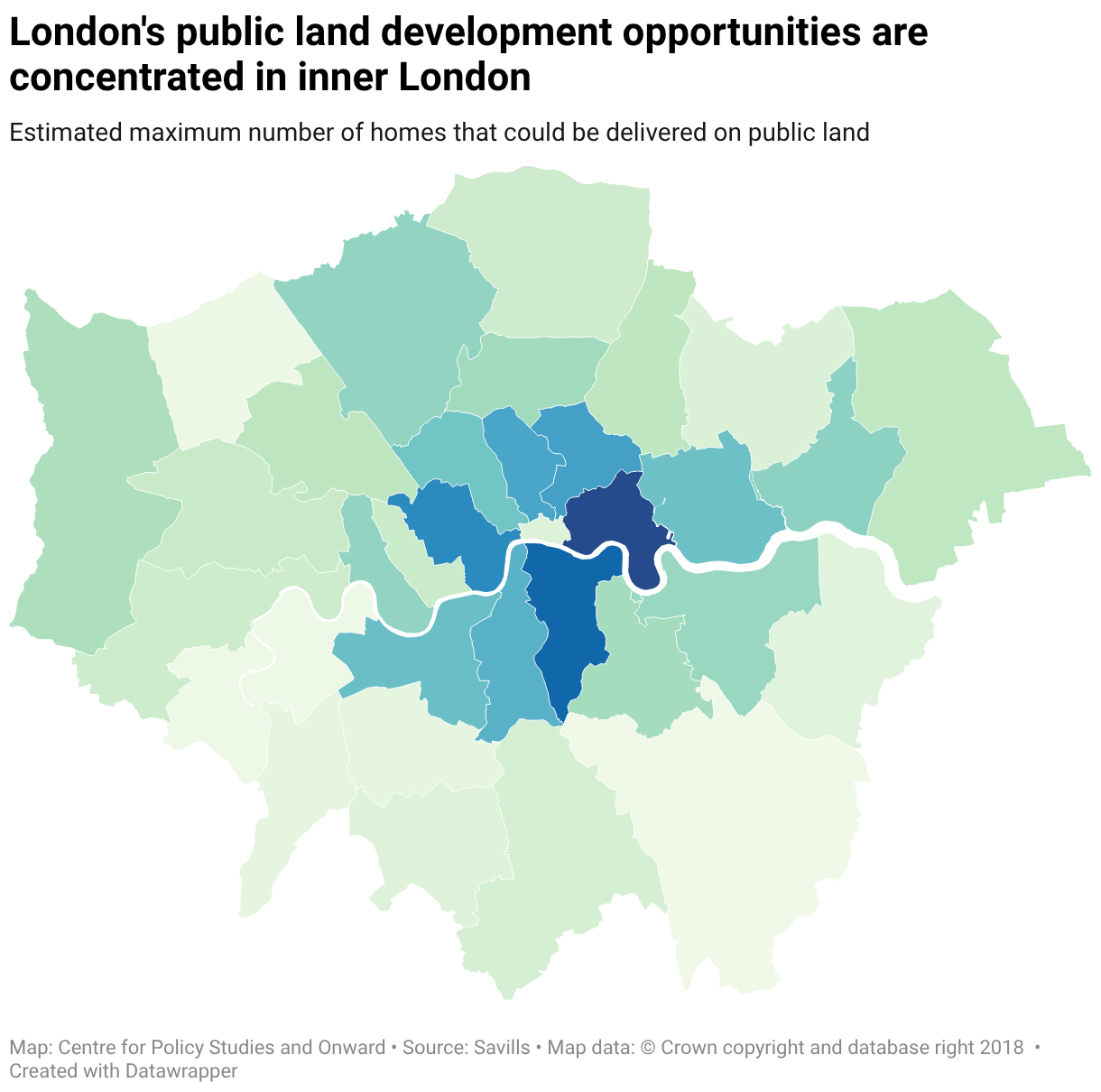 London's public land development opportunities are concentrated in inner London (Choropleth map)